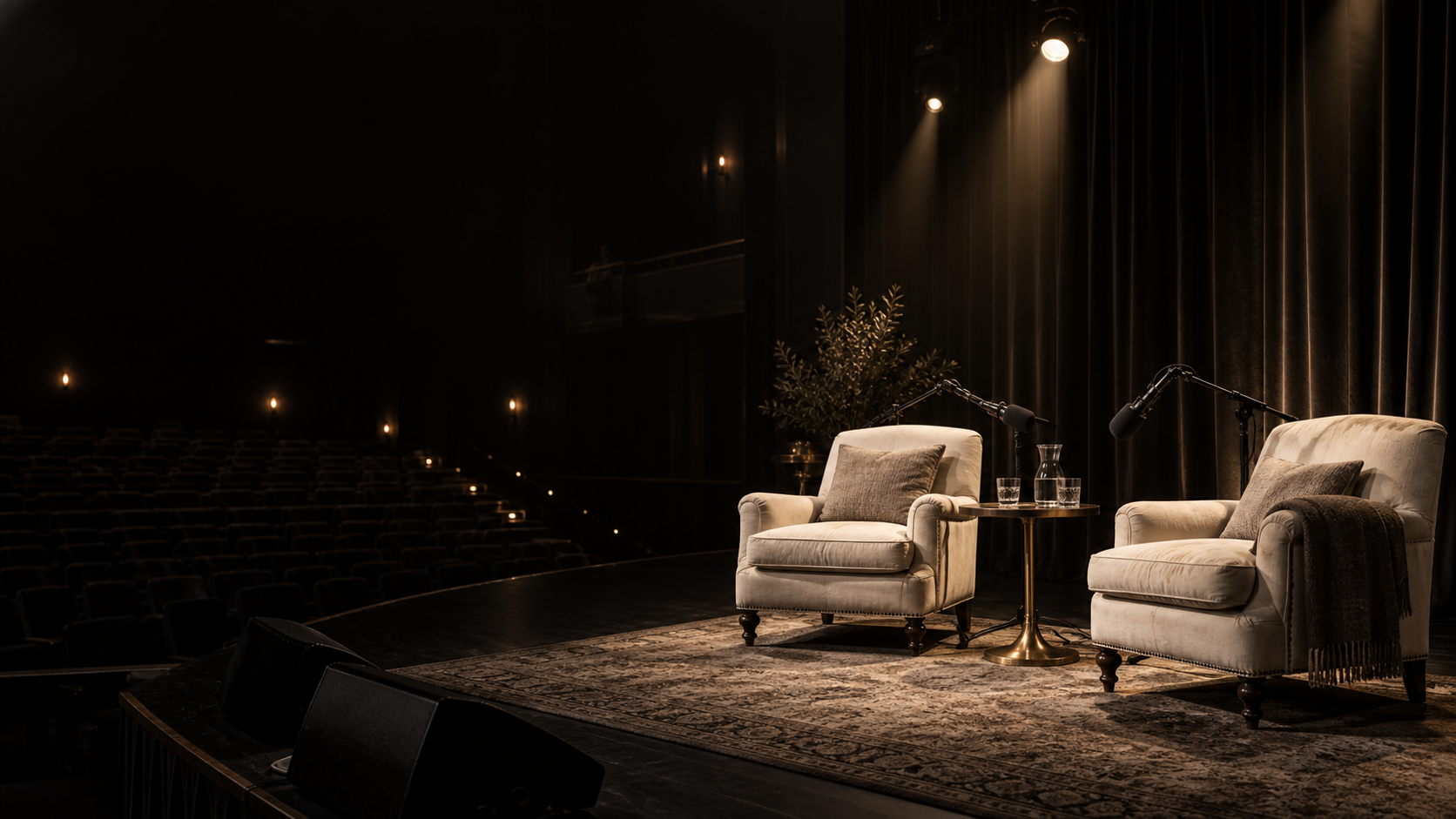 Two ivory chairs and microphones on an intimate podcast stage