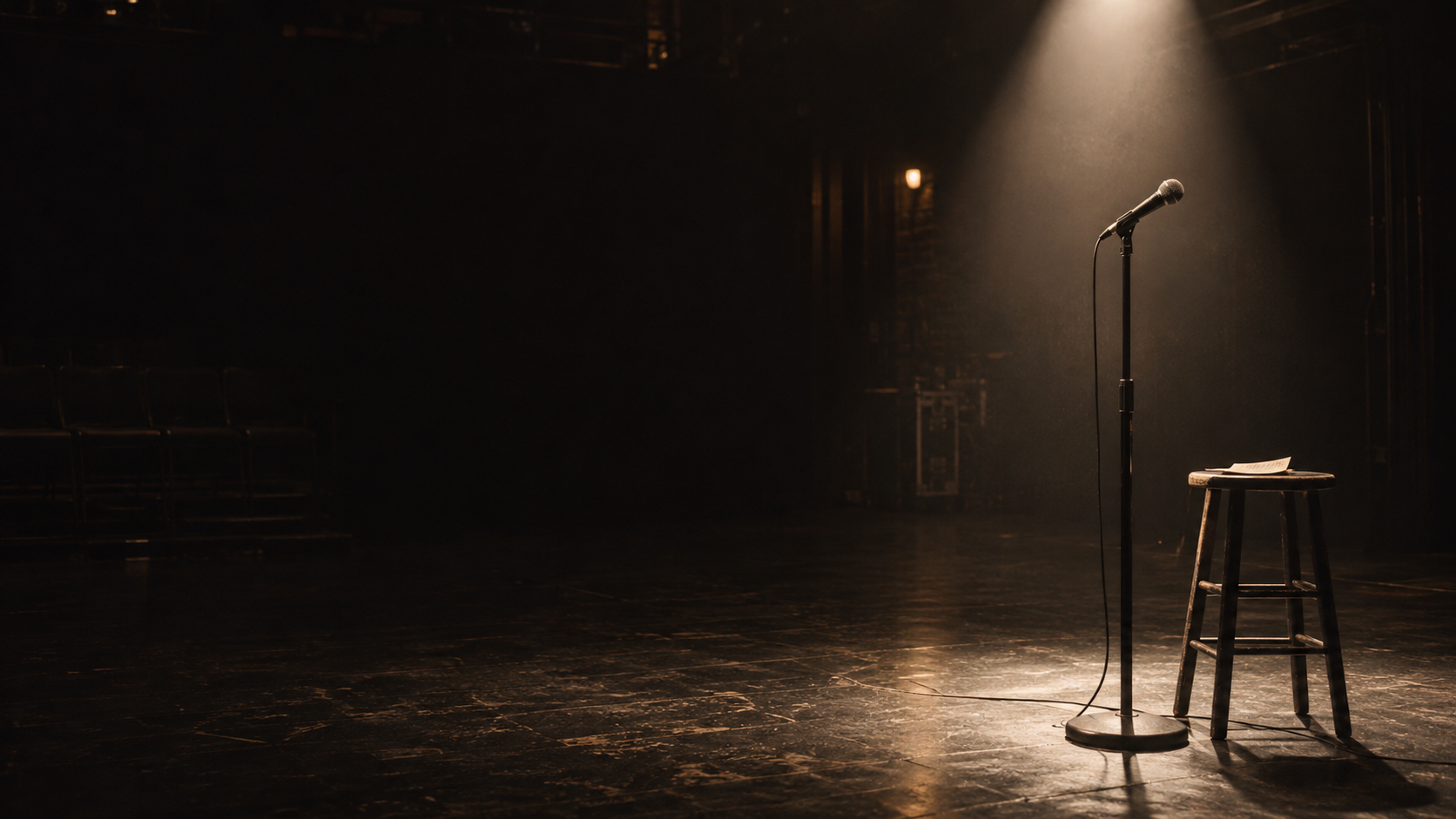 A microphone waiting under an ivory theatre spotlight
